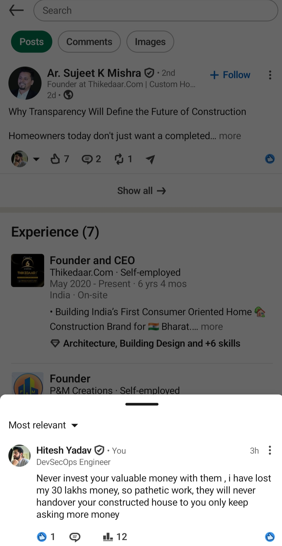 Hitesh Yadav's LinkedIn comment stating he lost 30 lakhs to Thikedaar.com