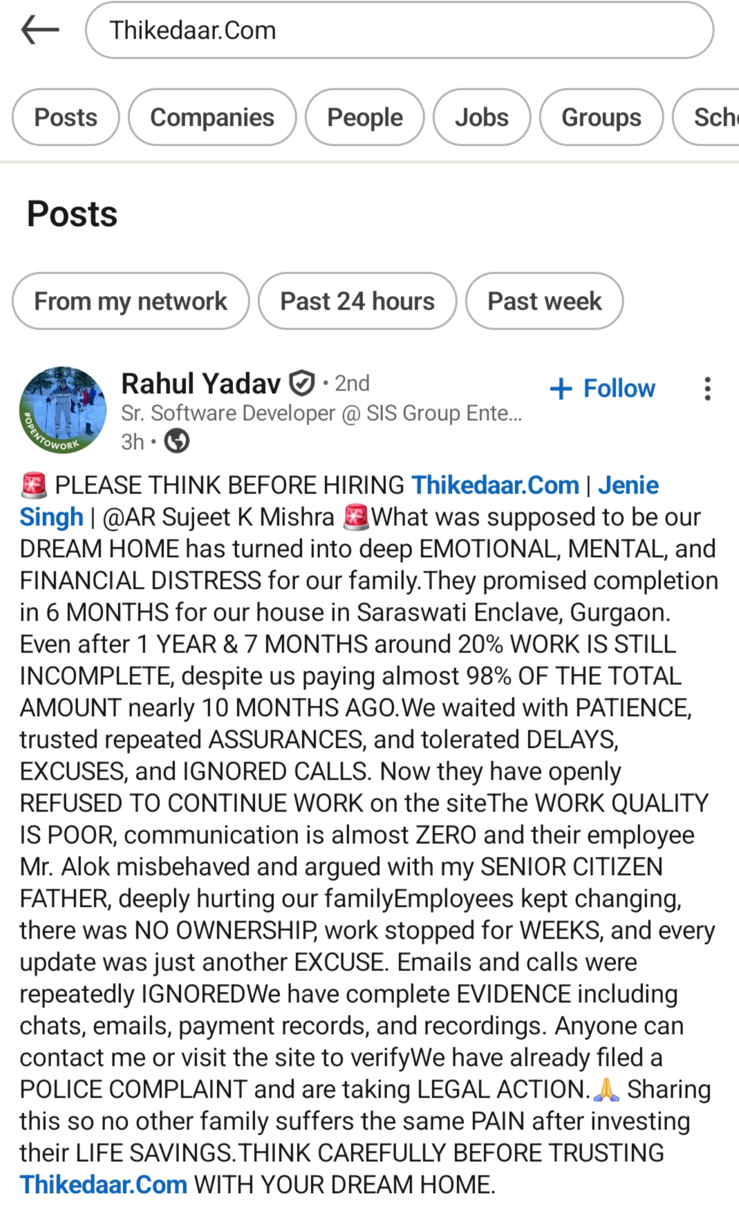 Rahul Yadav's LinkedIn Post detailing 1 year 7 months project delay and police complaint against Thikedaar.com