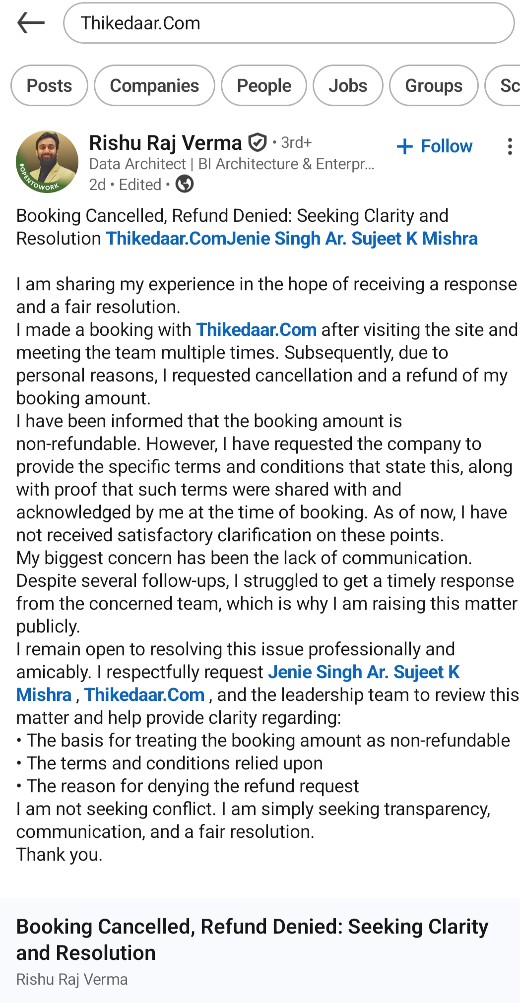 Rishu Raj Verma's LinkedIn Post exposing booking cancellation and refund refusal by Thikedaar.com